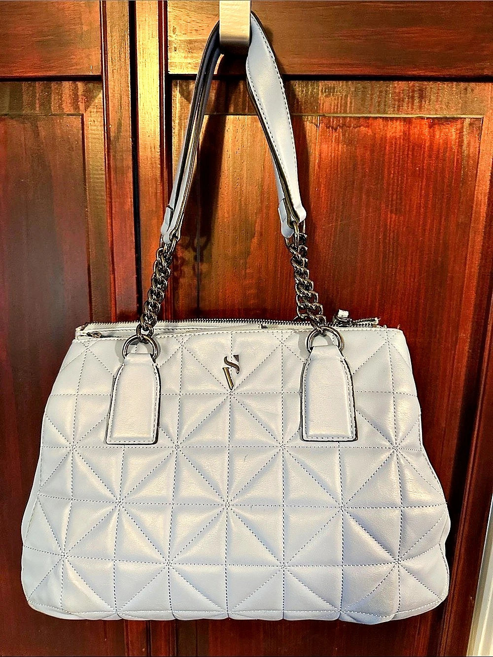 Vera Wang Simply Vera Quilted Geometric Shoulder 30Tote Blue New Faux soft leath